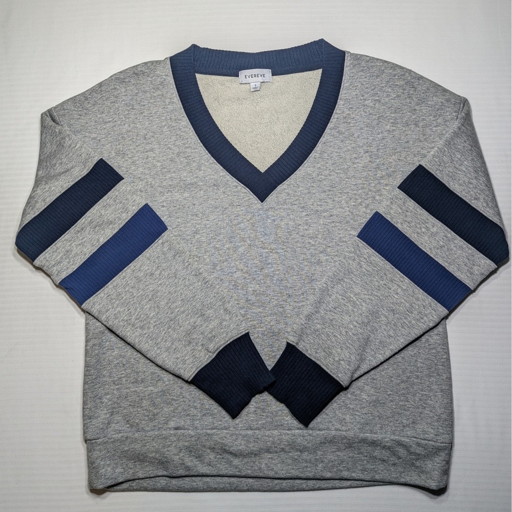 Evereve Elana Varsity V-Neck Sweatshirt Gray Striped Sleeve Cotton Blend Small S
